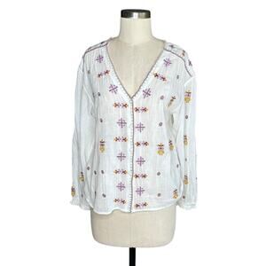 HOSS INTROPIA Button Down V-Neck Blouse Women's Size 6 White Embroidered Boho‎
